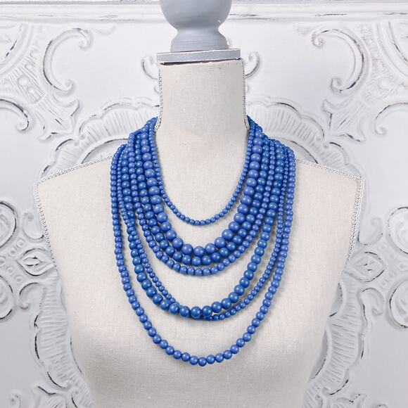 VTG 7 Strand Necklace Bold Retro Boho Blue Acrylic Beads Chunky Statement - Picture 2 of 9